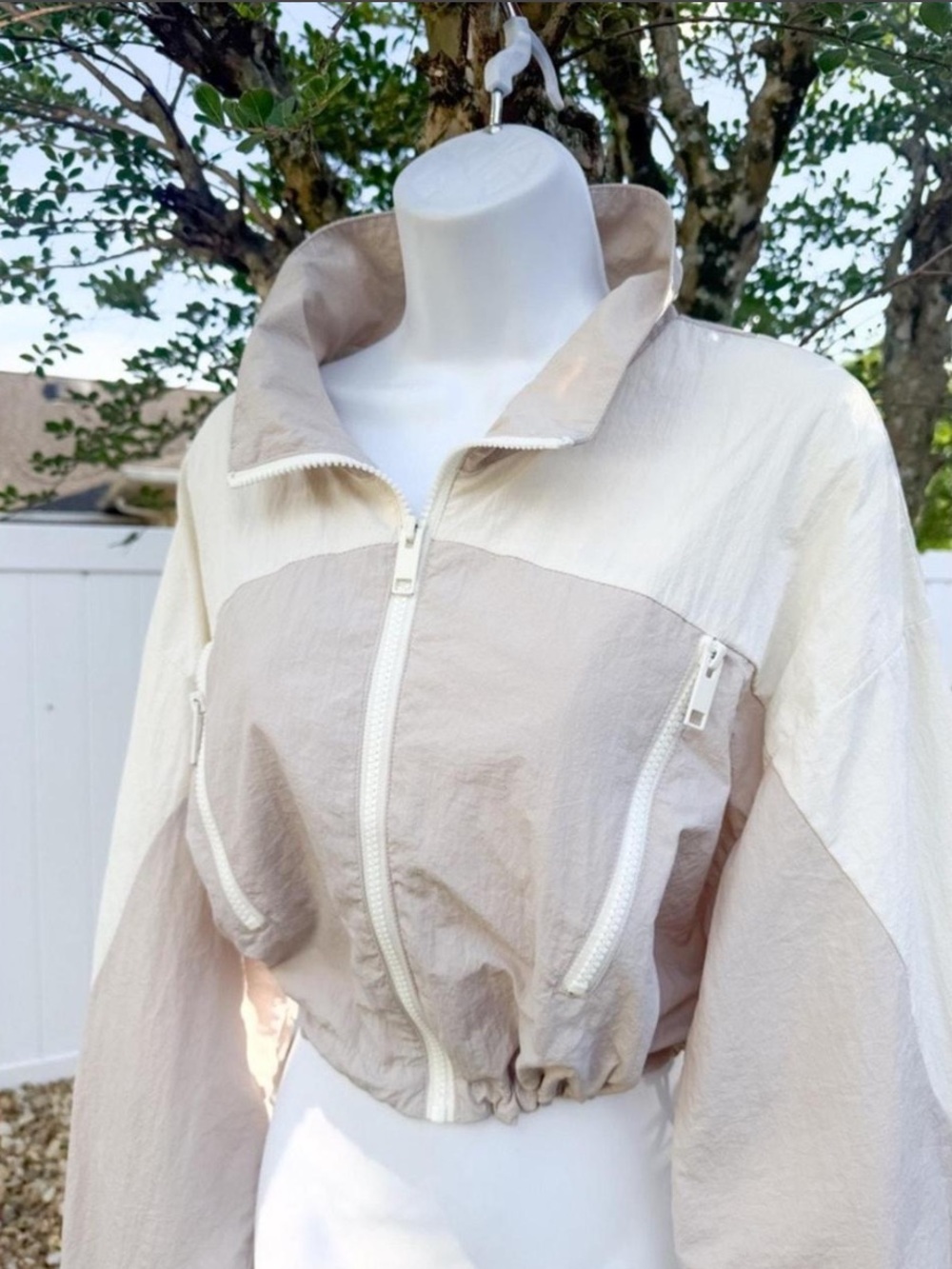 Garage Beige and Cream Cropped Bomber Jacket